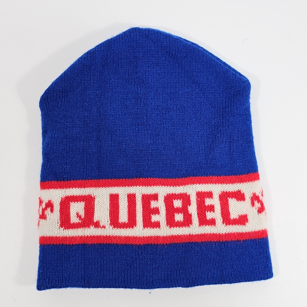 Vintage Quebec Knit Beanie - Made in Canada - Blue, Red, White Stripe